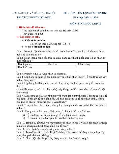 Đề cương ôn tập Học kì 1 Sinh học 10 năm 2024–2025 trường THPT Việt Đức (Hà Nội)